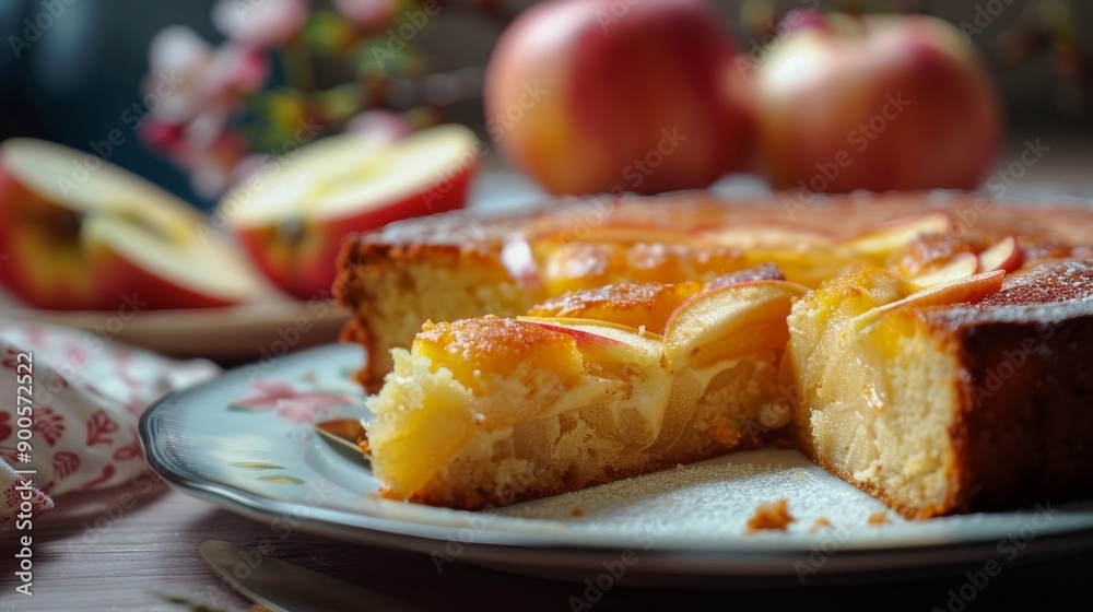 Delicious homemade apple pie on a plate with fresh apples in the background. Perfect for dessert or tea time. Close-up food photography showcasing warm tones. AI