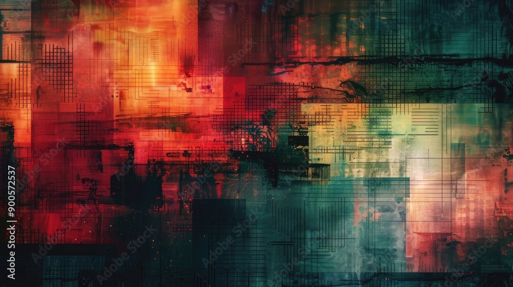 Naklejka premium Grunge texture with bright tech overlays