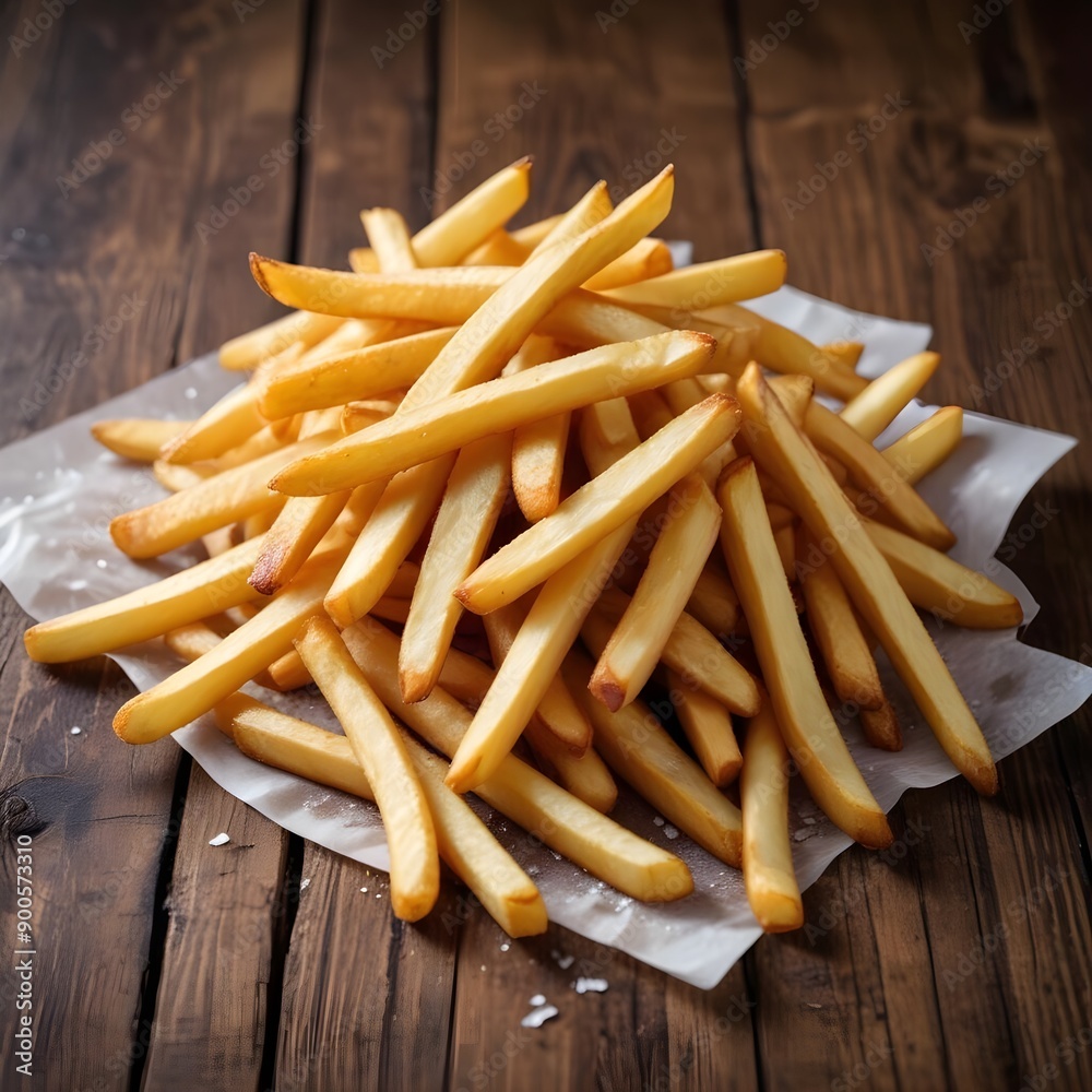 Crispy, golden-brown French fries placed on a weathered wooden table. The fries are arranged in a visually appealing manner, their surfaces glistening with a light coating of oil, salt and vinegar Crispy, golden-brown French fries placed on a weathered wooden table. The fries are arranged in a visually appealing manner, their surfaces glistening with a light coating of oil, salt and vinegar