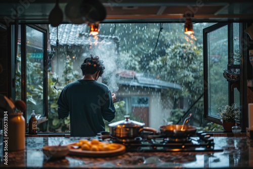 A person stands in a cozy kitchen, cooking while looking out at the rain through open windows, creating a warm, serene atmosphere.