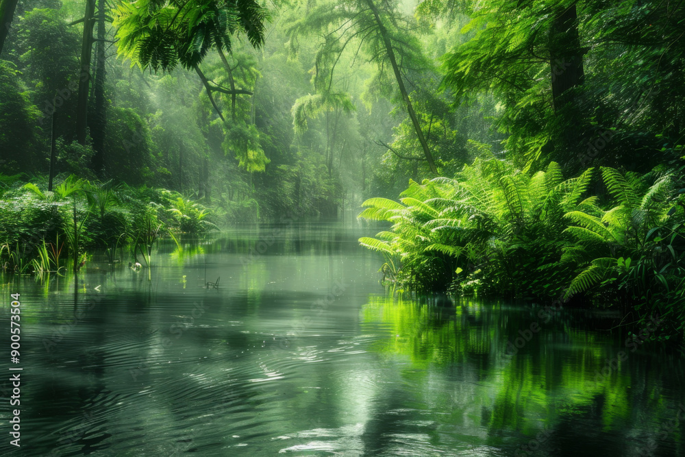 Obraz premium Tranquil River Scene in Lush Rainforest