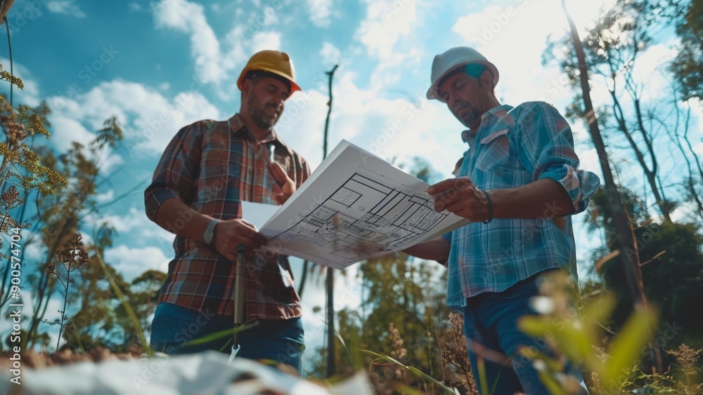 Architects Reviewing Blueprints at Construction Site, Generative AI illustration Architects Reviewing Blueprints at Construction Site, Generative AI illustration