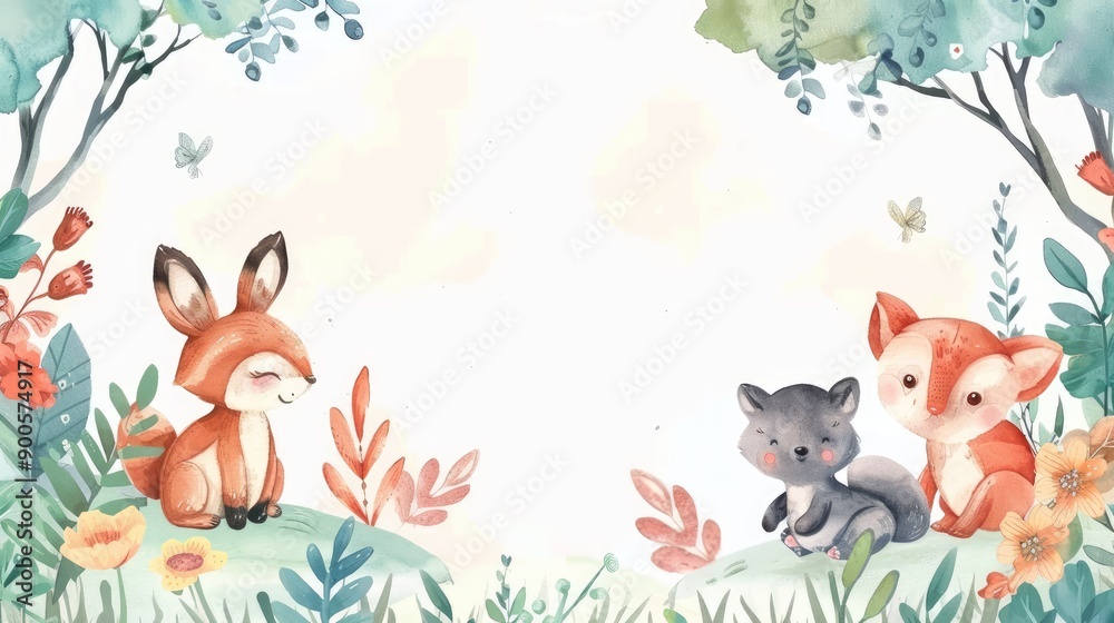Soft watercolor frame with cute plants and animals, providing a lovely background for text Soft watercolor frame with cute plants and animals, providing a lovely background for text