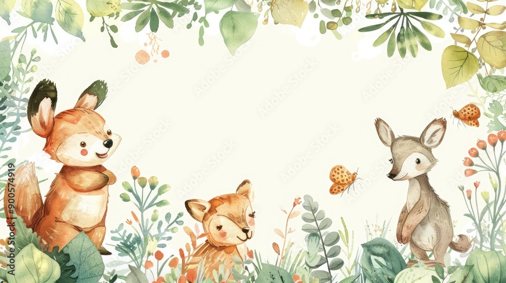 Naklejka premium Soft watercolor frame with cute plants and animals, providing a whimsical backdrop for text.