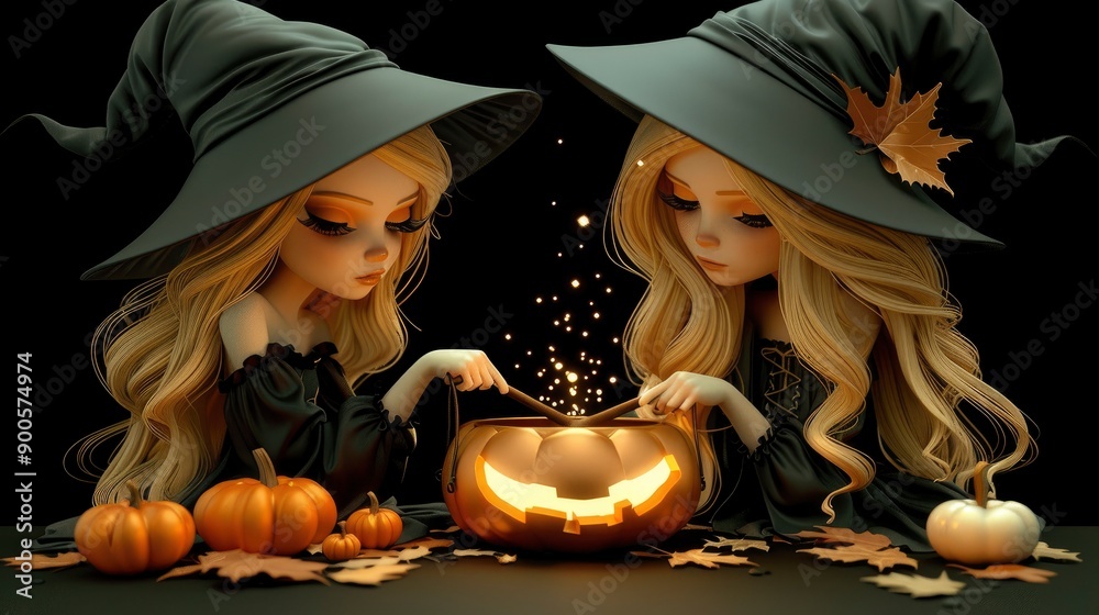 Two Witches Stirring a Cauldron with Magic Sparks Two Witches Stirring a Cauldron with Magic Sparks