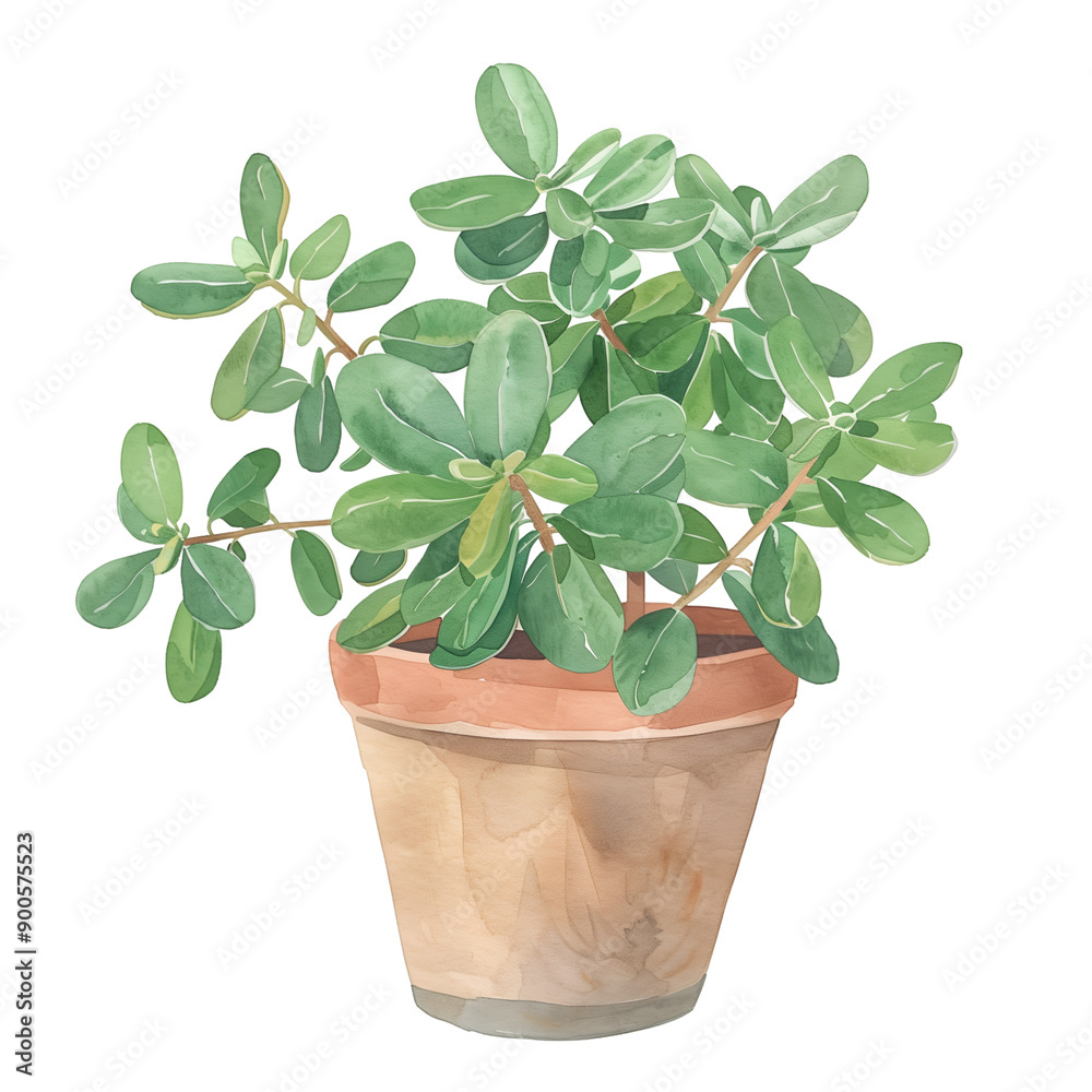 Fototapeta premium Watercolor Illustration of a Potted Plant, Hand-Painted Botanical Art for Home Decor and Botanical Enthusiasts