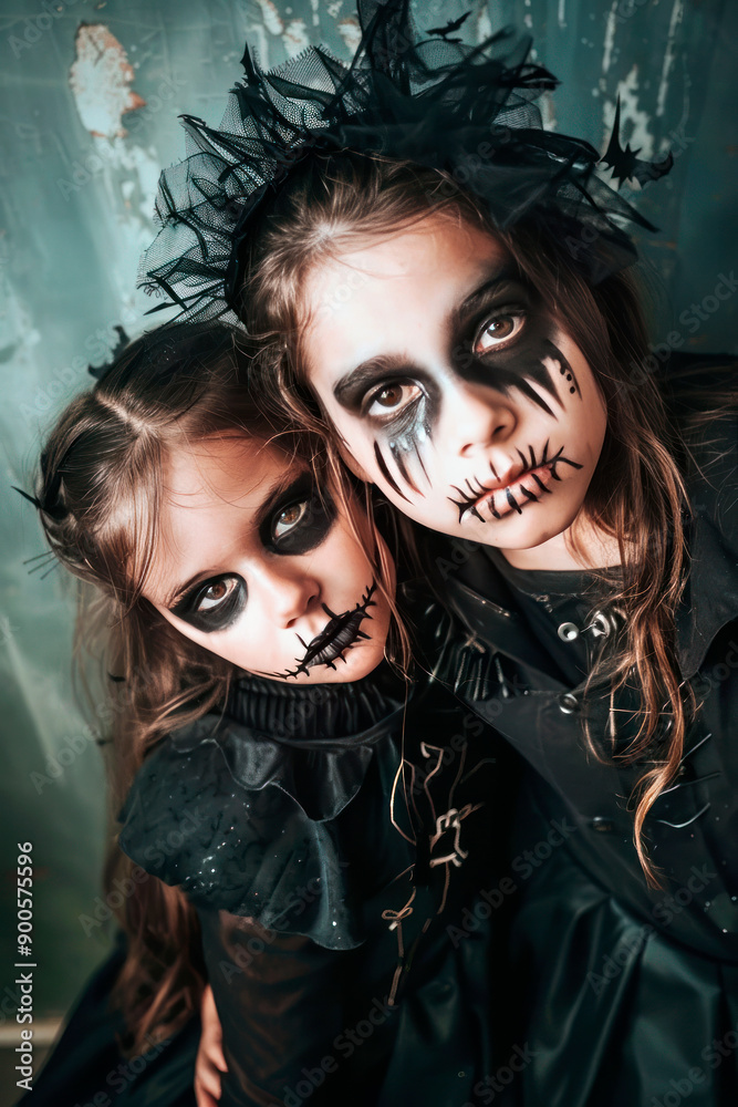 Banner of two teenagers with scary makeup for the Halloween party. Halloween background. Banner of two teenagers with scary makeup for the Halloween party. Halloween background.