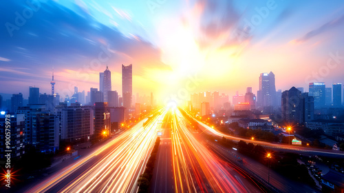 A vibrant cityscape at sunset, showcasing dynamic light trails from vehicles amidst skyscrapers and a dramatic sky.