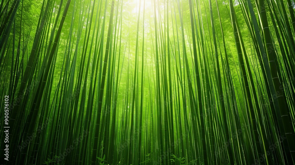Lush green bamboo forest with tall, slender stalks reaching towards the sky, illuminated by soft sunlight filtering through the canopy. Lush green bamboo forest with tall, slender stalks reaching towards the sky, illuminated by soft sunlight filtering through the canopy.