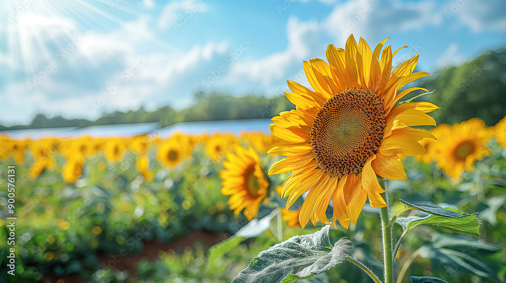 Fototapeta premium Close-up of vibrant sunflower in a field under a bright sunny sky
