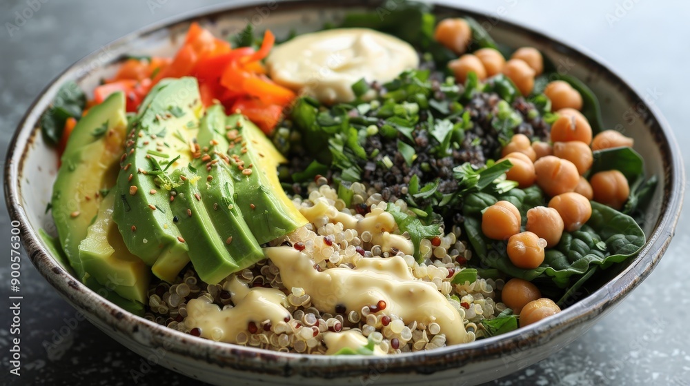A vibrant bowl features quinoa topped with chickpeas, avocado slices, spinach, and colorful vegetables, all dressed with a flavorful sauce A vibrant bowl features quinoa topped with chickpeas, avocado slices, spinach, and colorful vegetables, all dressed with a flavorful sauce