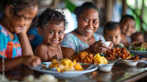 Family of Marshall islands. Marshallese.A joyful family shares a delicious traditional meal, highlighting rich cultural experiences and vibrant community bonds.  fotw © Vivid Canvas