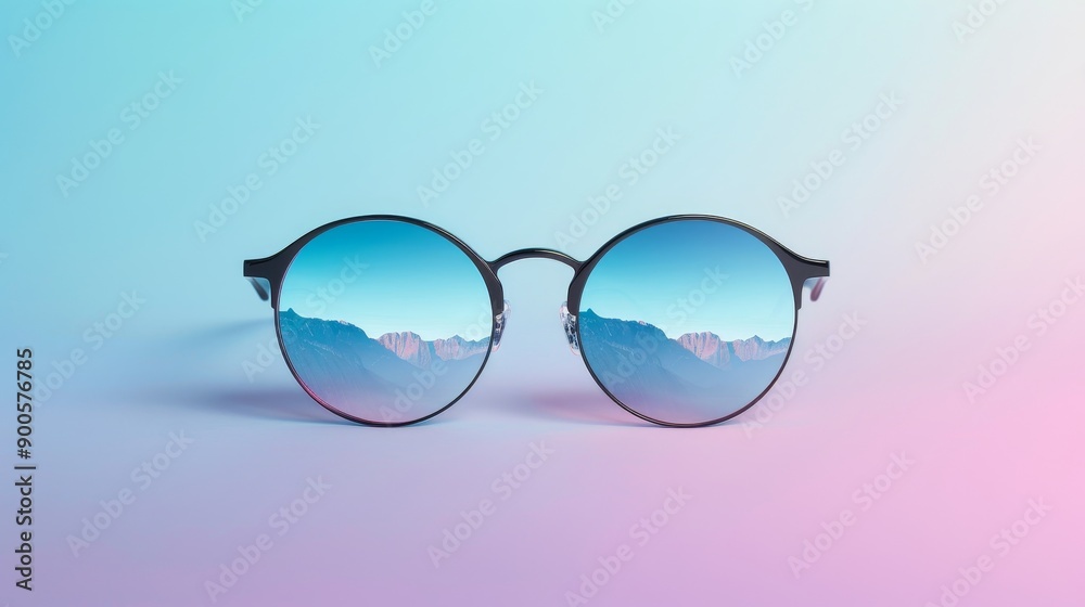 Classic round sunglasses with reflective lenses capturing a mountain view, isolated on a gradient background for a stylish effect