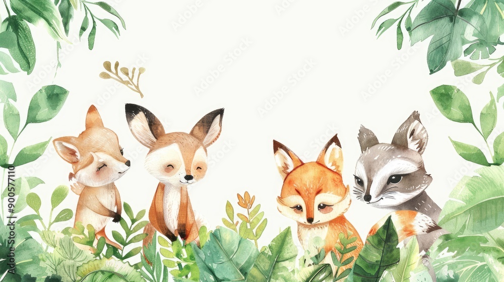 Fototapeta premium Watercolor frame with cute animals among lush plants, providing space for your message