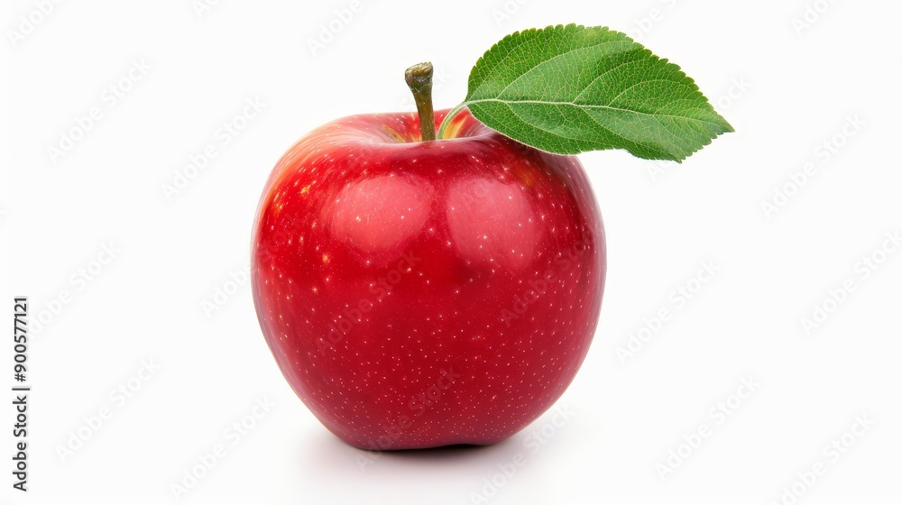 Detailed close-up of a red apple with a small leaf, isolated on a white background, emphasizing its shine and color Detailed close-up of a red apple with a small leaf, isolated on a white background, emphasizing its shine and color
