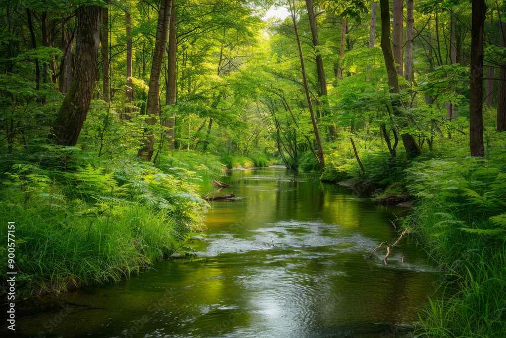 Serene River Flowing Through Lush Green Forest Serene River Flowing Through Lush Green Forest