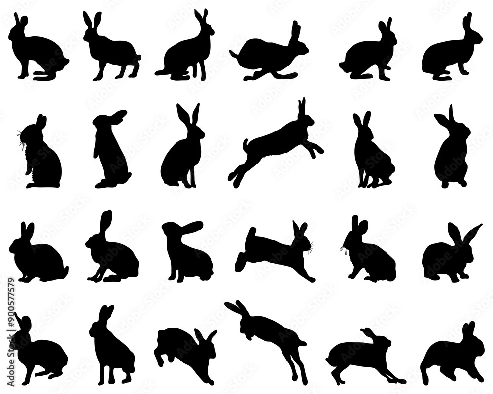 Fototapeta premium Black silhouettes of rabbits on white background