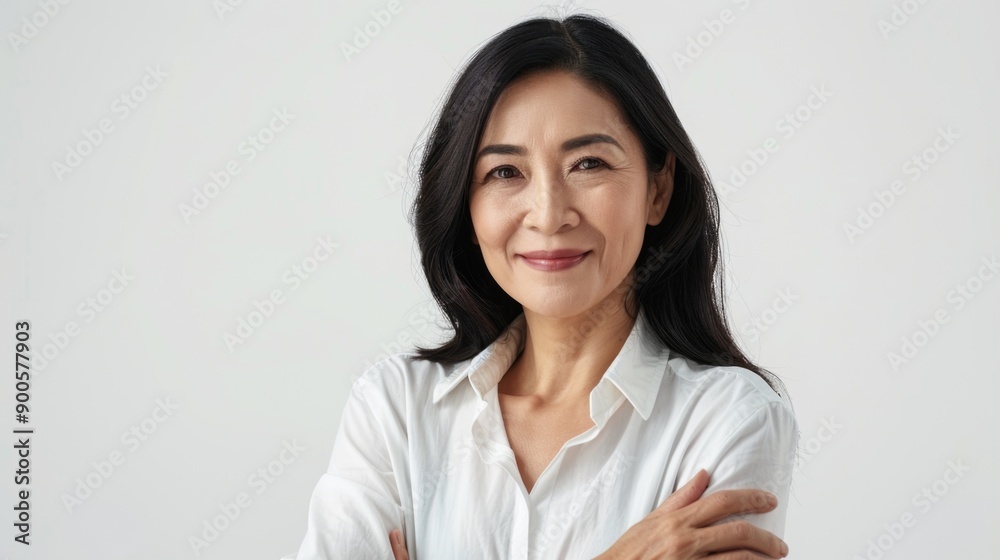 A woman stands with her arms crossed, wearing a white shirt A woman stands with her arms crossed, wearing a white shirt