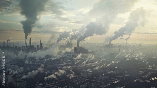 The city skyline is enveloped in thick smog, with industrial smoke rising from factories against a dusky sky