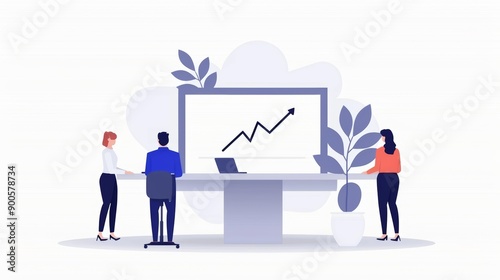 Multicultural team of professionals at a standing desk, collaborating with arrows linking their efforts to a central goal on a monitor © Paul