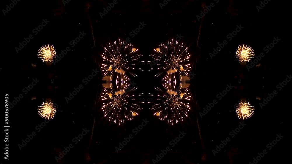 Multi-colored fireworks sparkle gold and purple colors on a black sky