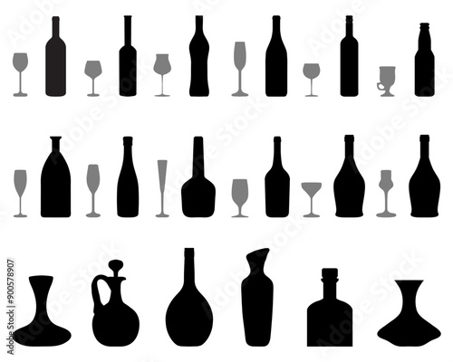 Silhouettes of bowls, bottles and glasses on a white background