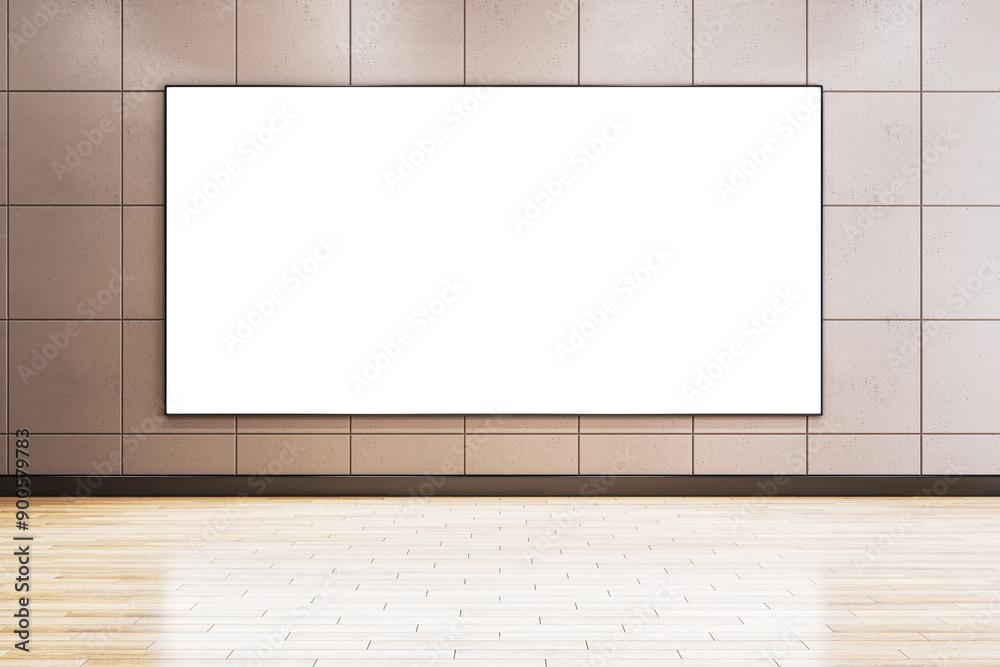 Blank white canvas on tiled wall in modern interior room with wooden floor. 3D Rendering Blank white canvas on tiled wall in modern interior room with wooden floor. 3D Rendering