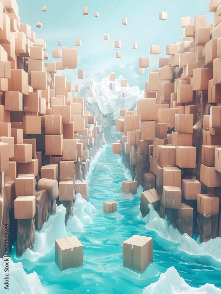 Obraz premium Surreal River of Light Transporting Glowing Packages in Fantasy Landscape