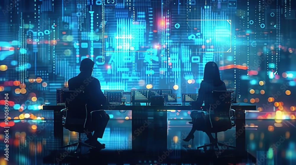Two People Working at Computers in Front of a Blue and White Digital Background Illustration Two People Working at Computers in Front of a Blue and White Digital Background Illustration