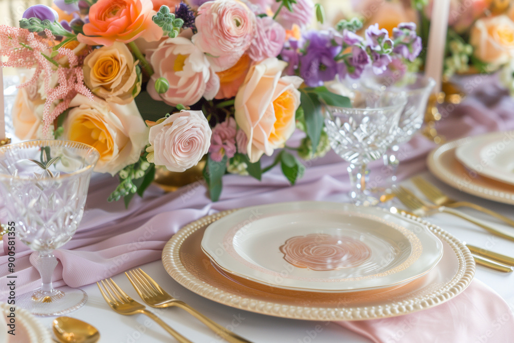 Wedding table setting. A minimalist artwork for weddings using Golden Yellow, Warm Pink, and Soft Purple. Highlights color contrast and harmony, ideal for sophisticated wedding visuals. Wedding table setting. A minimalist artwork for weddings using Golden Yellow, Warm Pink, and Soft Purple. Highlights color contrast and harmony, ideal for sophisticated wedding visuals.