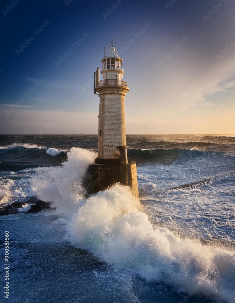 Obraz premium A lighthouse stands tall against crashing waves