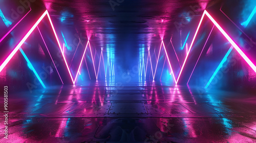 Neon Lit Futuristic Corridor with Reflections