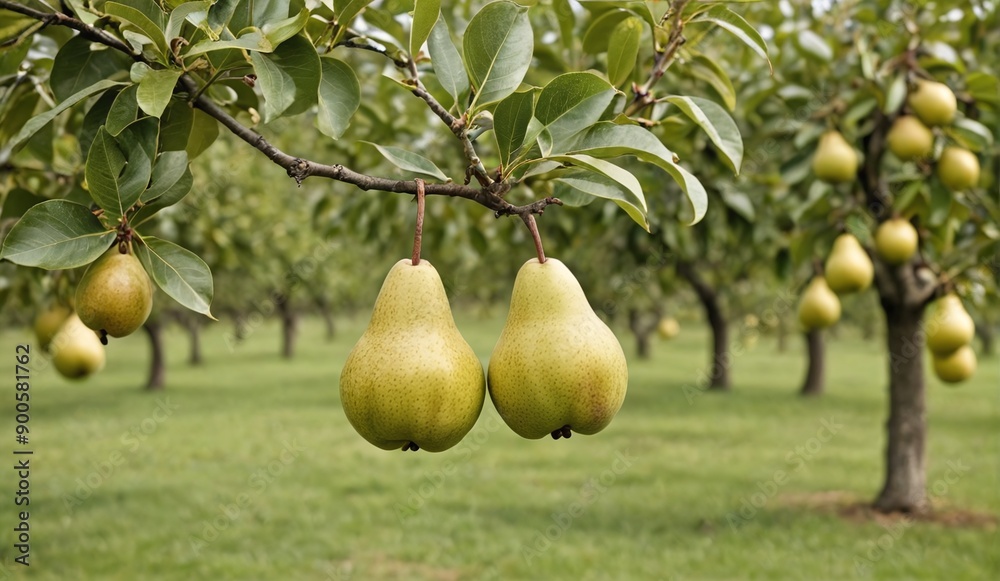 Harvest Time Lush Pear Orchard with Ripe Fruit in Vibrant Green Surroundings