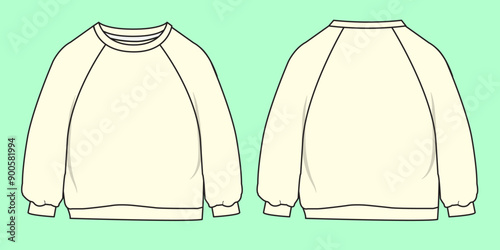 Ecru colour raglan sleeve terry fleece sweatshirt flat sketch outline vector fashion illustration template.