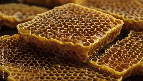 Textured pattern of beeswax honeycomb close-up photo