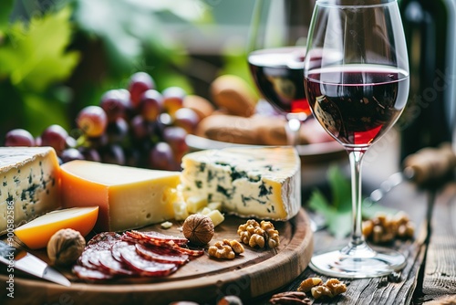 Fototapeta Naklejka Na Ścianę i Meble -  Wine glass with assorted cheese, grapes, and nuts on a wooden board