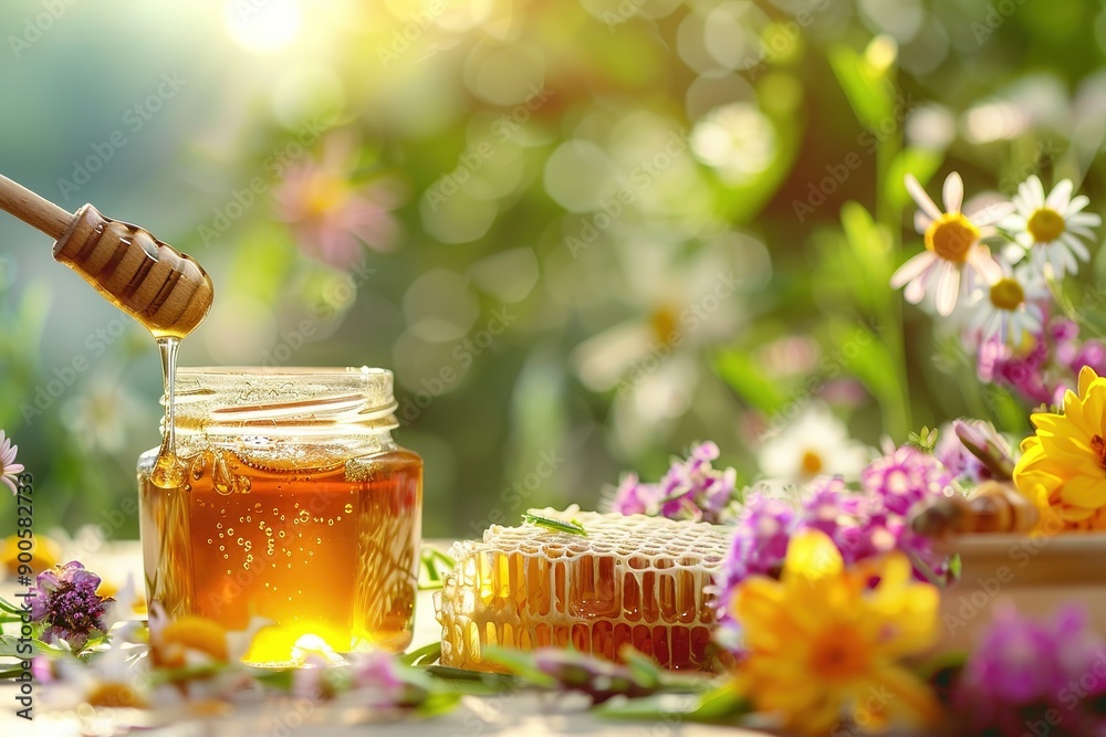 Honey being poured from a dipper into a jar surrounded by flowers Honey being poured from a dipper into a jar surrounded by flowers