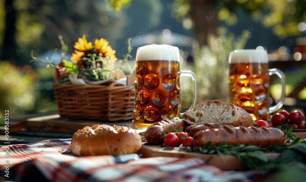 Picnic setting with beer, sausages, and a plaid blanket at the Oktoberfest festival. Picnic setting with beer, sausages, and a plaid blanket at the Oktoberfest festival.