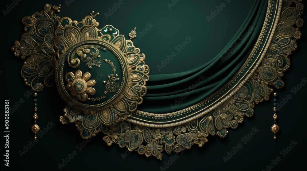 Fototapeta premium Elegant dark green velvet backdrop adorned with intricate gold ornamentation in eastern style
