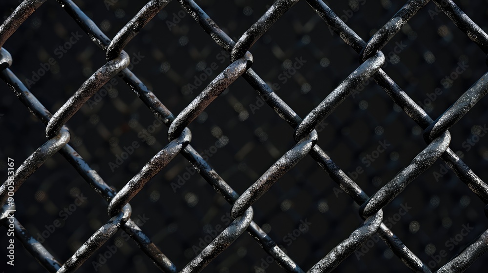 Fototapeta premium Metal wire fence on a black background. AI generated.