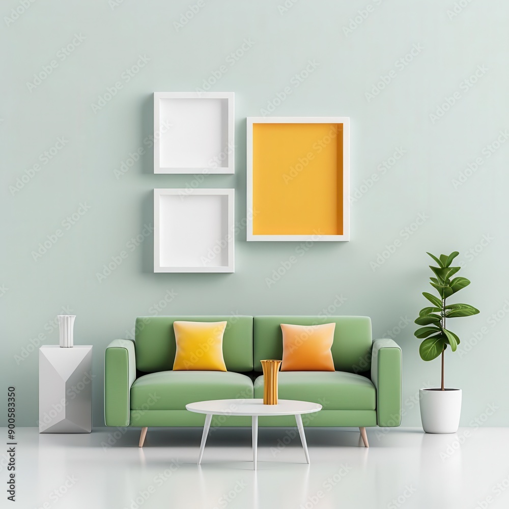 Artistic living room with abstract art, 3D isometric render, creative space Artistic living room with abstract art, 3D isometric render, creative space