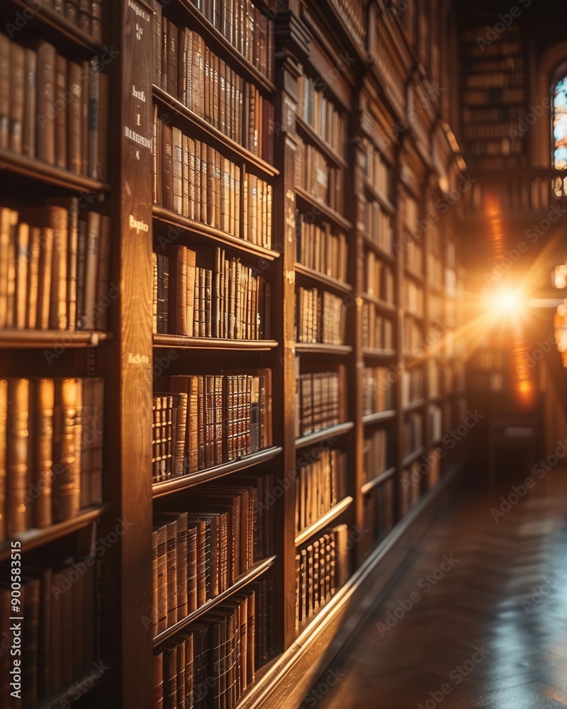 Neatly arranged books on library shelves, soft warm light, front view, cozy and scholarly setting Neatly arranged books on library shelves, soft warm light, front view, cozy and scholarly setting