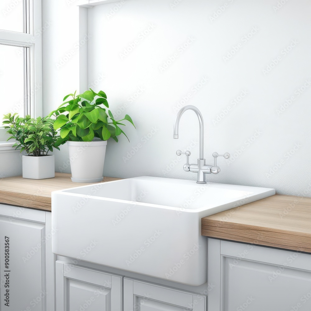 Fototapeta premium Modern kitchen with a farmhouse sink, 3D isometric render, blend of styles