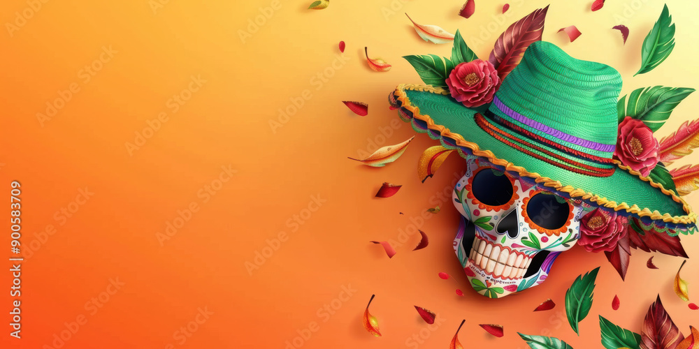 Decorative skull adorned with floral patterns and wearing a vibrant green sombrero, surrounded by colorful leaves and flowers on an orange gradient background. Day of the Dead concept Decorative skull adorned with floral patterns and wearing a vibrant green sombrero, surrounded by colorful leaves and flowers on an orange gradient background. Day of the Dead concept