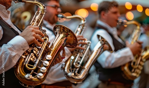 Traditional Bavarian band playing lively music at the Oktoberfest festival.