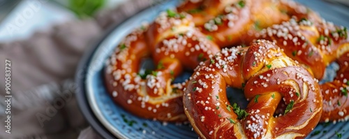 Plate of savory pretzels served with tangy mustard and creamy cheese.