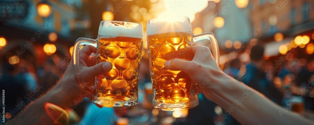 Group of people in lederhosen and dirndls raising their beer steins in a cheerful toast, celebrating Oktoberfest traditions. Group of people in lederhosen and dirndls raising their beer steins in a cheerful toast, celebrating Oktoberfest traditions.