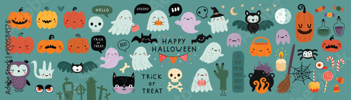 Halloween graphic elements - pumpkins, ghosts, zombie, owl, cat, candy and others. Hand drawn set. Vector illustration.