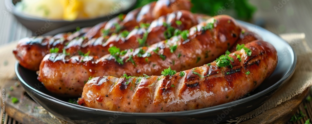 Plate of delicious grilled sausages served with mustard and sauerkraut.