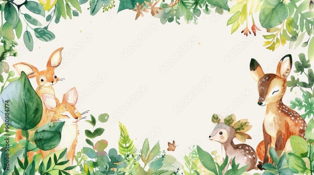 Fototapeta premium Watercolor frame with cute plants and animals, offering space for your message.